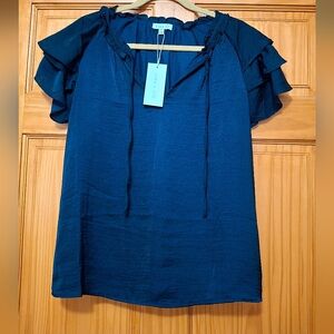 Blue Ruffled Short Sleeve  Tie Front Blouse